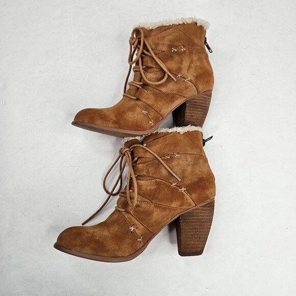 Not Rated Faux Fur Ankle Booties Brown Lace Up Block Heel Shearling Boots Sz 6.5 - Picture 7 of 13